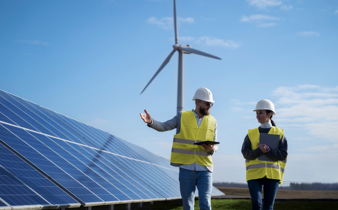 Engineers talking about solar panels and wind turbines